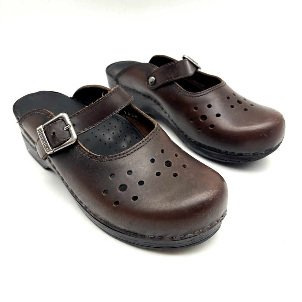 Vintage Y2K Dansko 'MERRIE' Brown Leather Open Back Mary Jane Mule Clogs 7.5 38